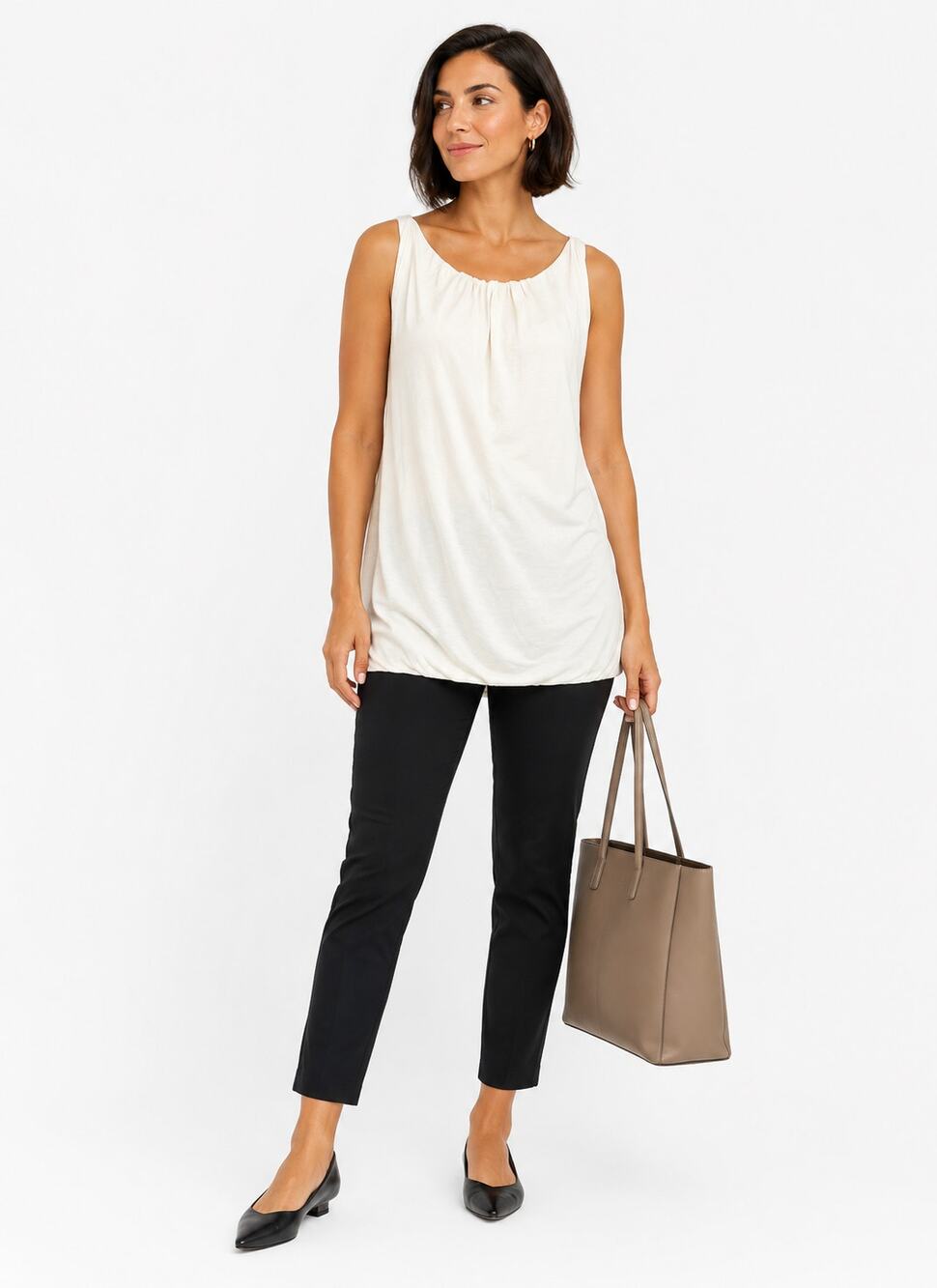 CAbi Ivory Draped Ruched Hem Sleeveless Tunic Tank Top Medium Stretch